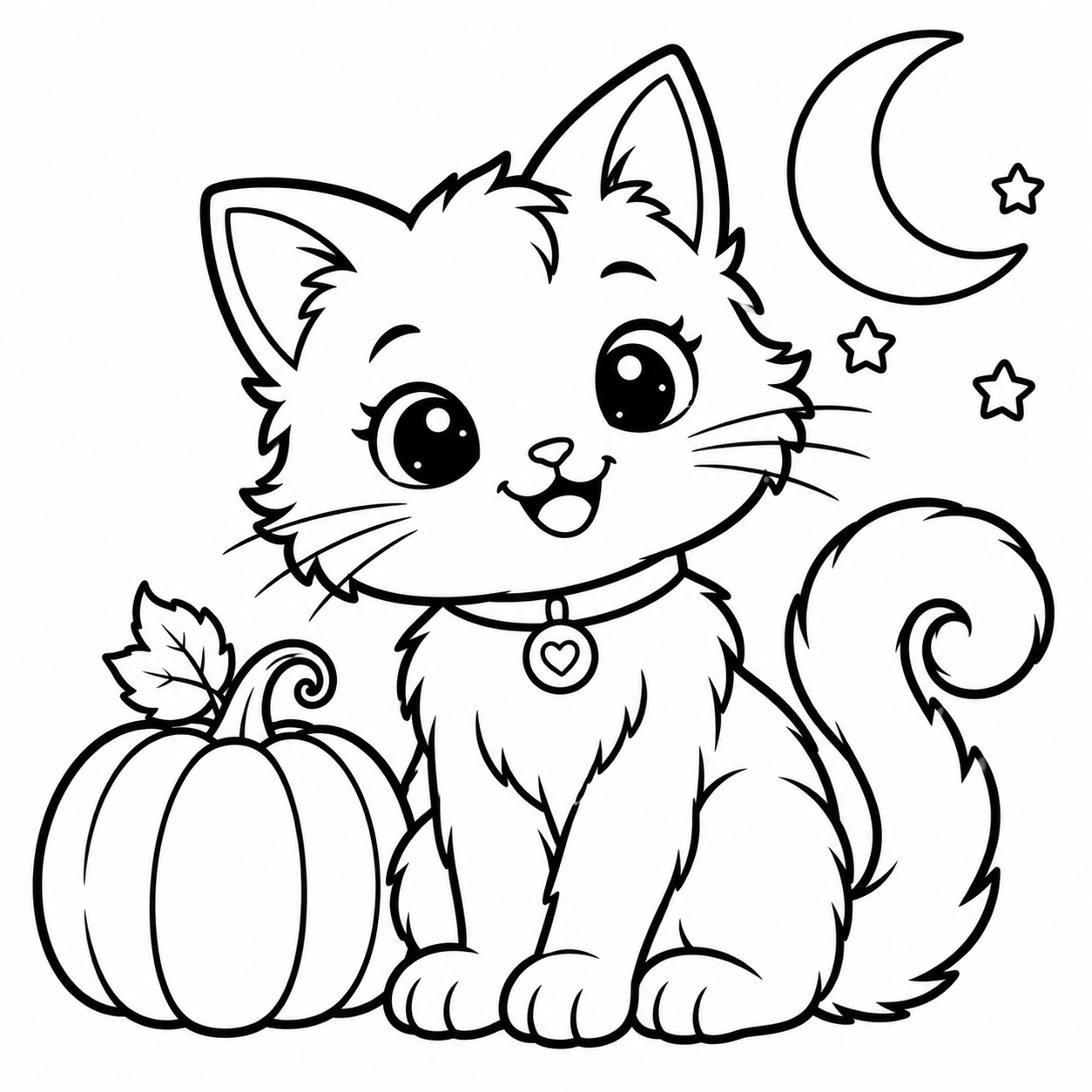 Cute Black Cat with Pumpkin Halloween coloring page for kids